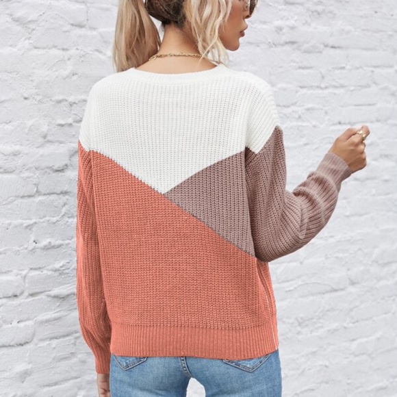 ColorBlock Pink Coral Oversized Knit Sweater Top - Picture 5 of 8